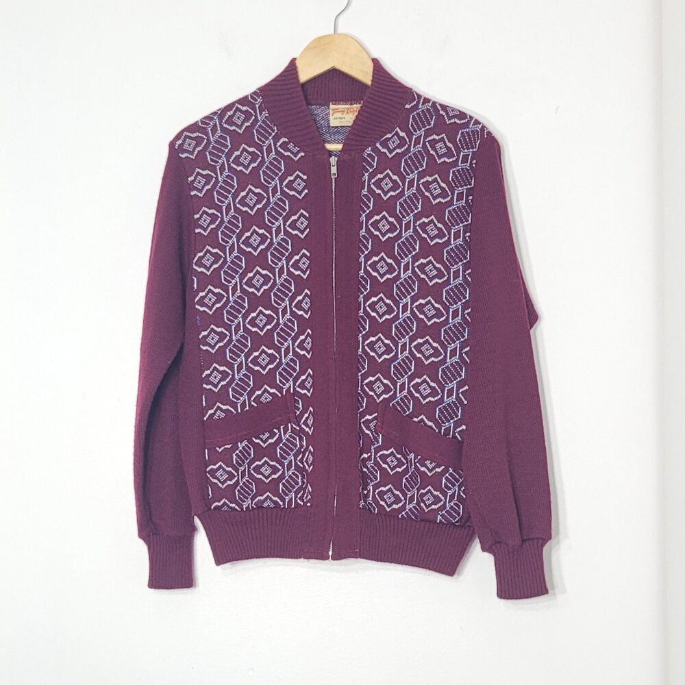 Vintage Tommy Knight Maroon White Geometric Pocket Zip Knitwear Cardigan